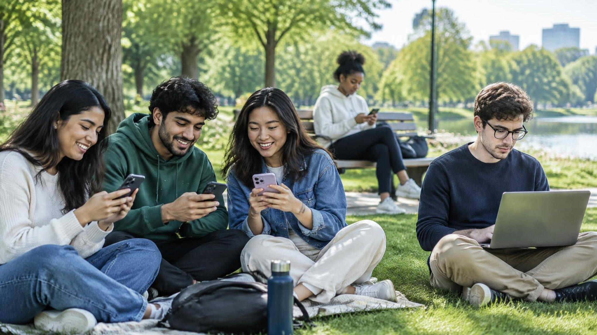 people using smartphones in park